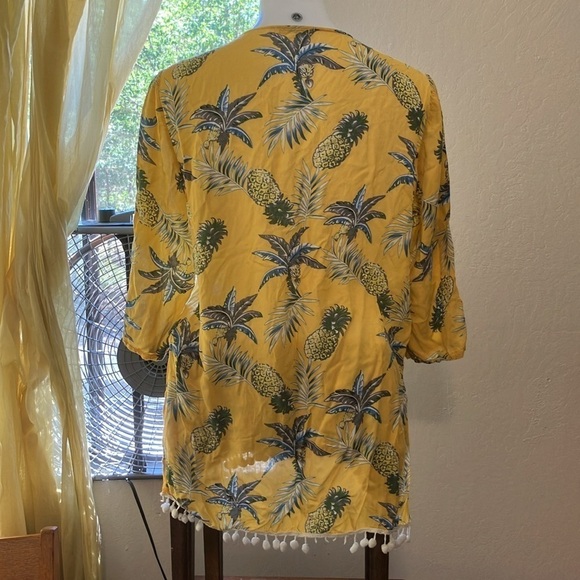 🌈 Lightweight tunic with tropical print and pom-poms perfect beach cover-up L - Picture 6 of 8